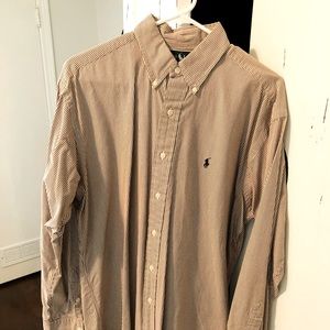 Maroon and white polo button down.